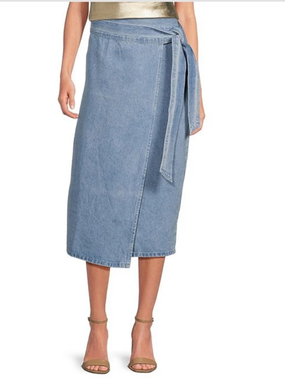Never Fully Dressed Light Blue Denim Wrap Midi Skirt
